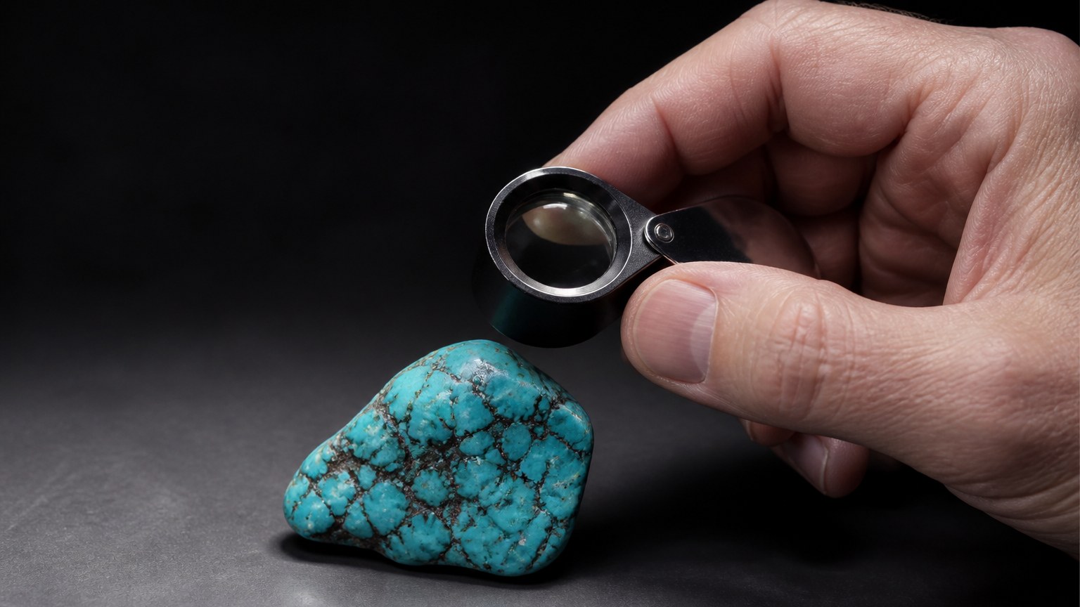 Main de bijoutier examinant une pierre turquoise avec loupe