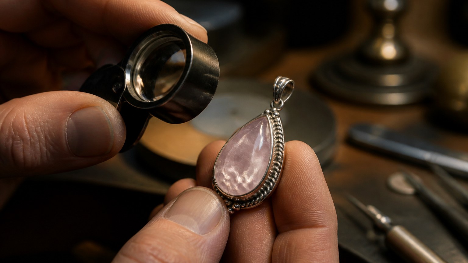 Main de bijoutier examinant un pendentif quartz rose en argent avec une loupe