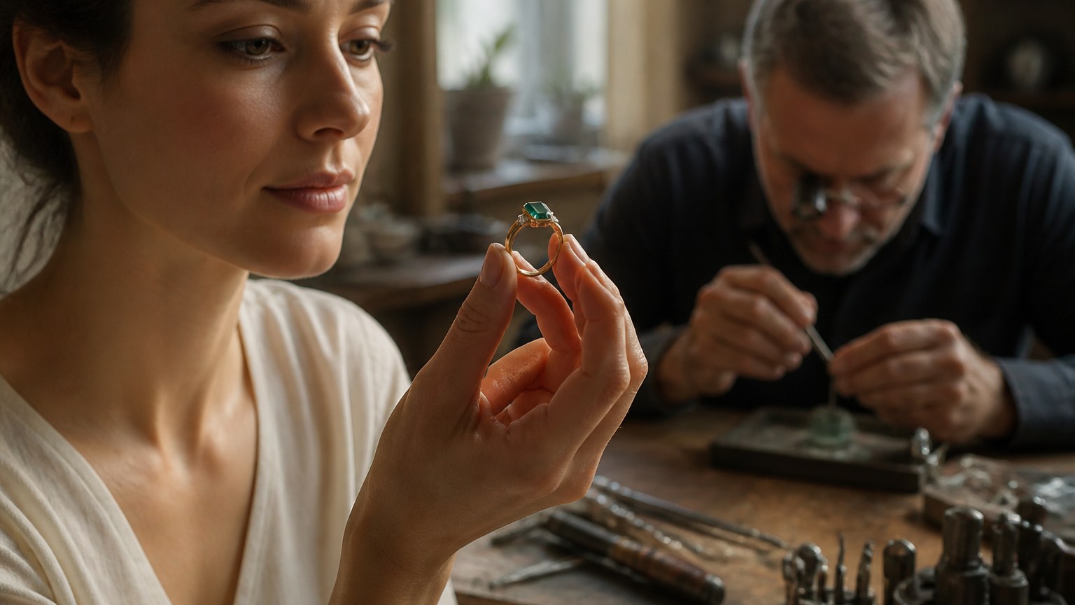 Main avec bague émeraude devant un atelier de bijoutier avec loupe et outils