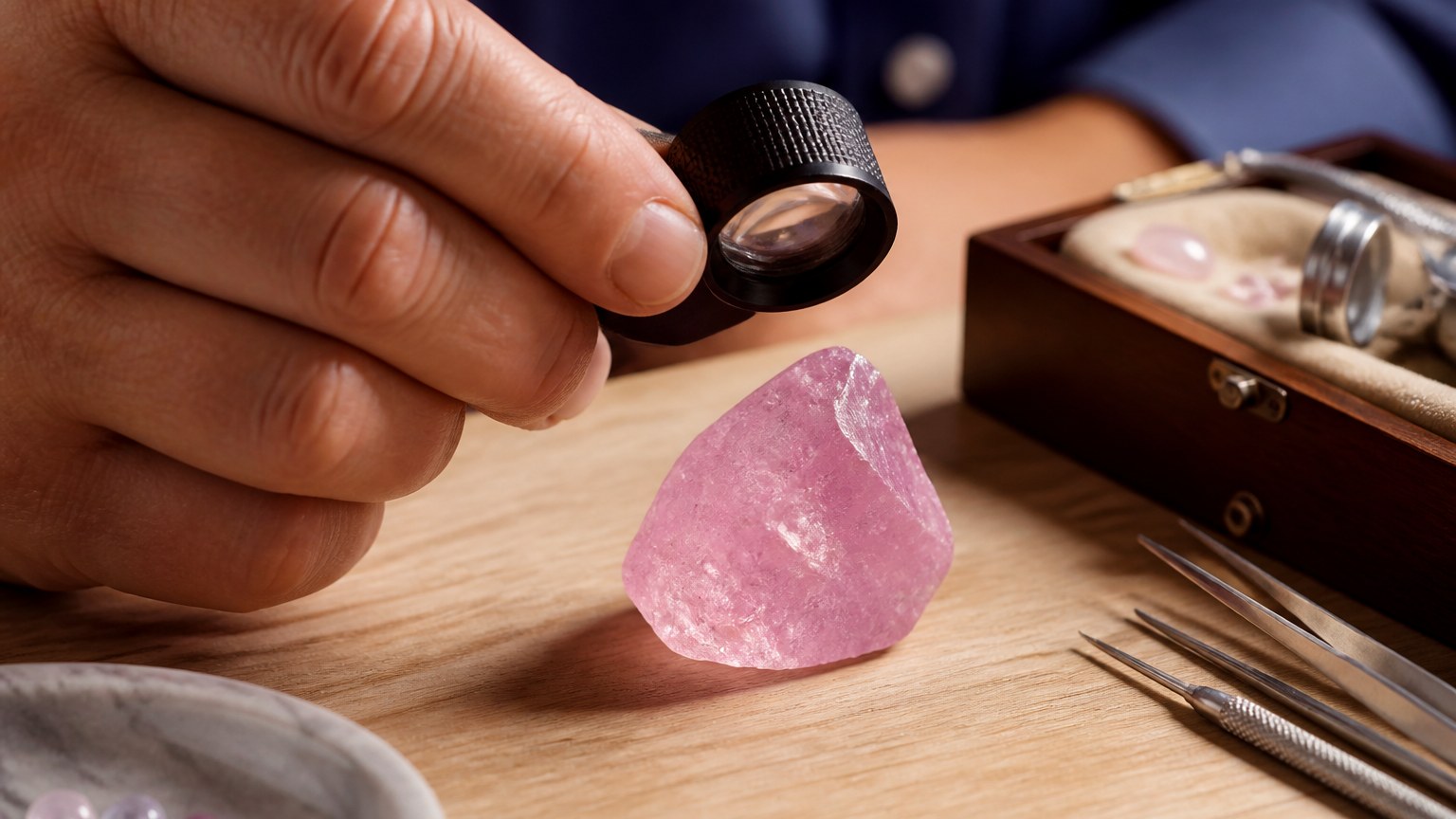 Loupe examinant un quartz rose translucide tenu à la main