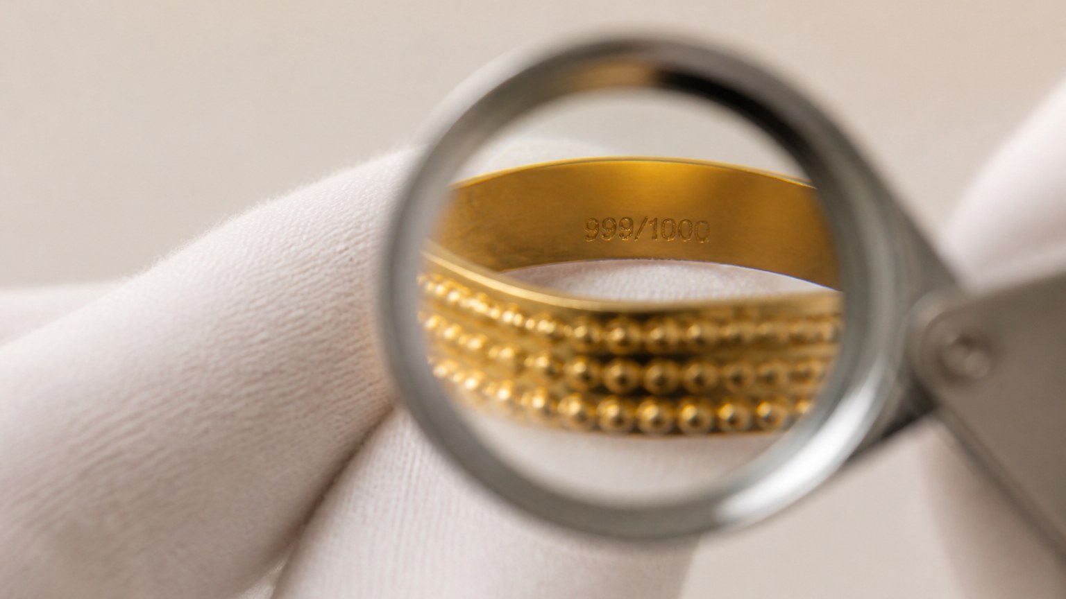 Loupe sur poinçon 999 sur une bague en or 24 carats