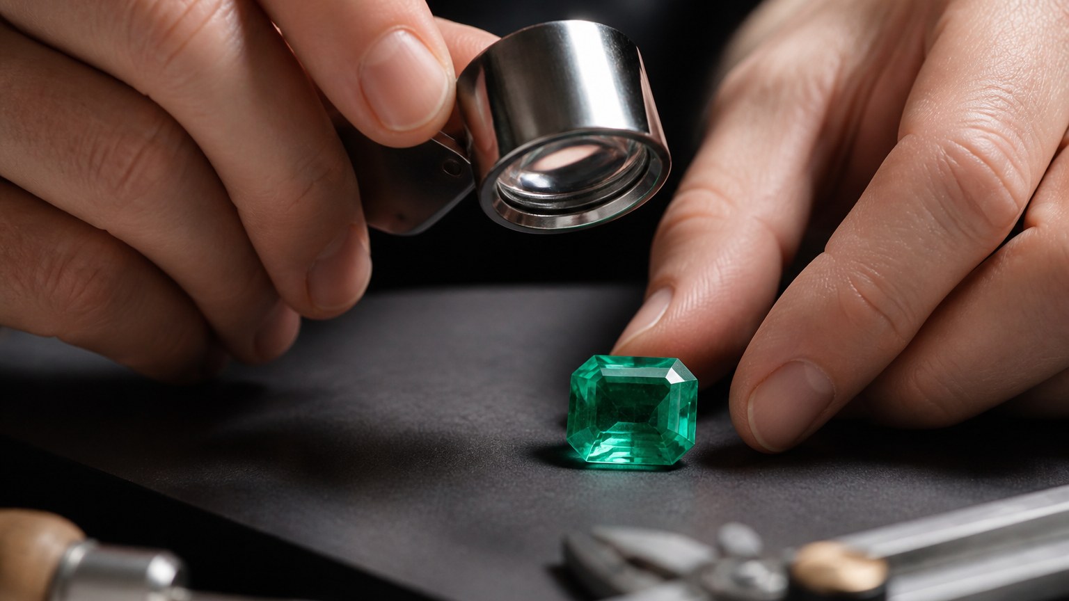 Bijoutier examinant une pierre émeraude facettée avec une loupe