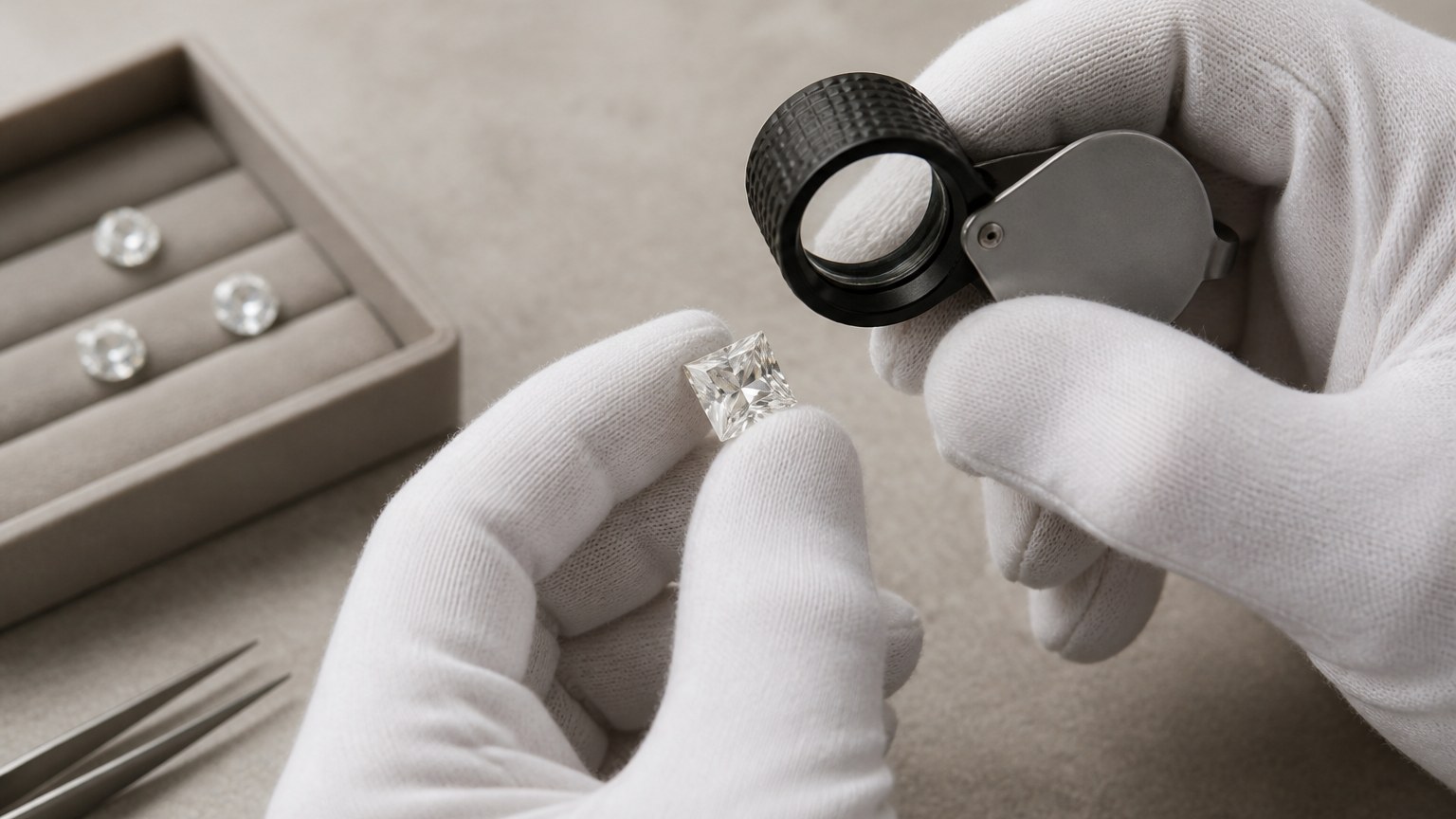 Mains d'un bijoutier gantées tenant une pierre précieuse taillée en carré avec une loupe, décor sobre et lumière naturelle douce