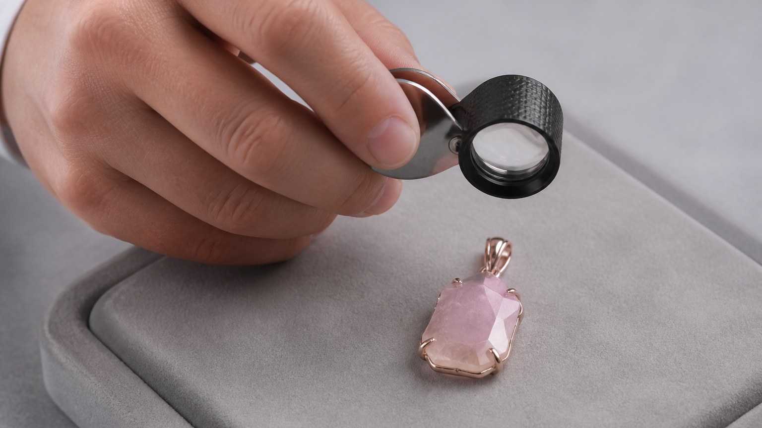 Main de bijoutier inspectant un pendentif quartz rose avec loupe