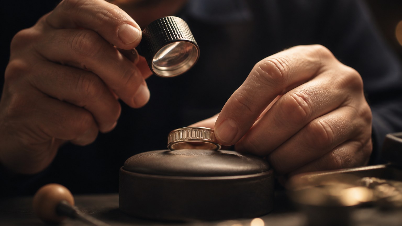 Examen de diamants baguette avec loupe en atelier de bijouterie