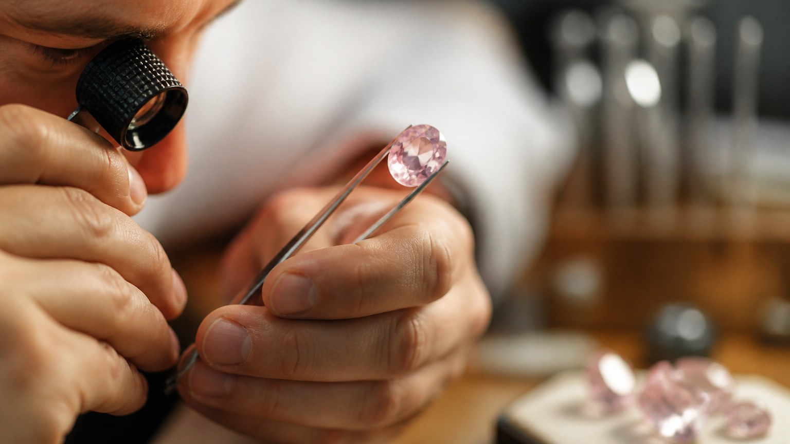 Main de bijoutier examinant un quartz rose à la loupe
