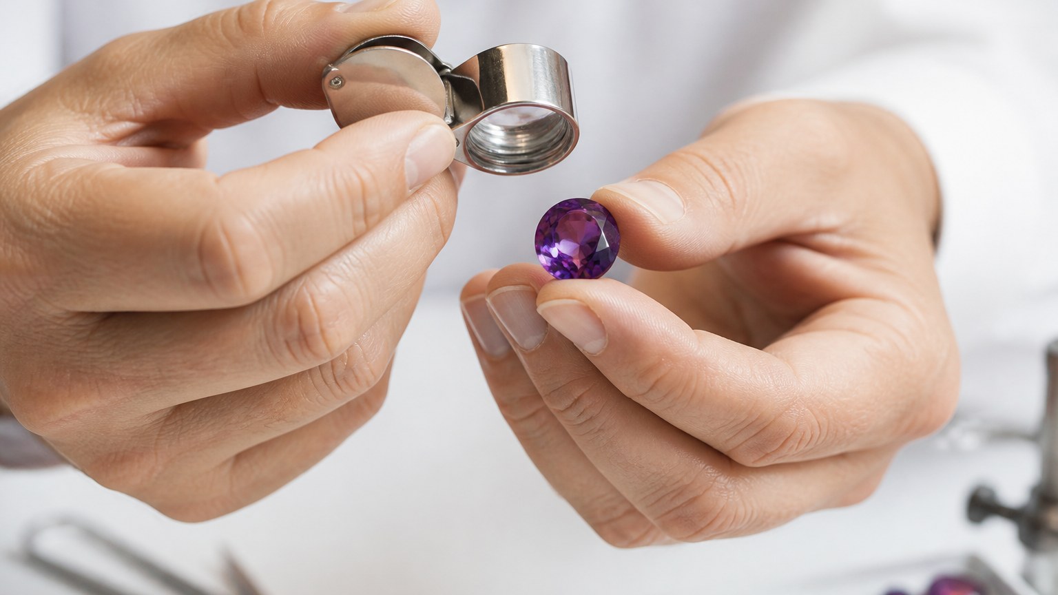 Mains de bijoutier examinant une améthyste avec une loupe