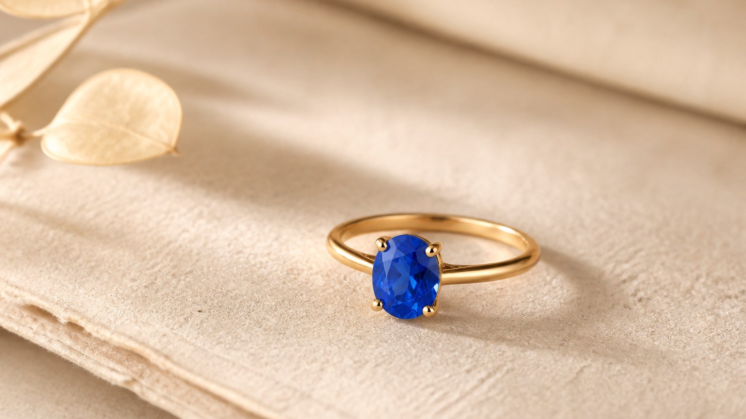 Bague en or et saphir sur papier lin