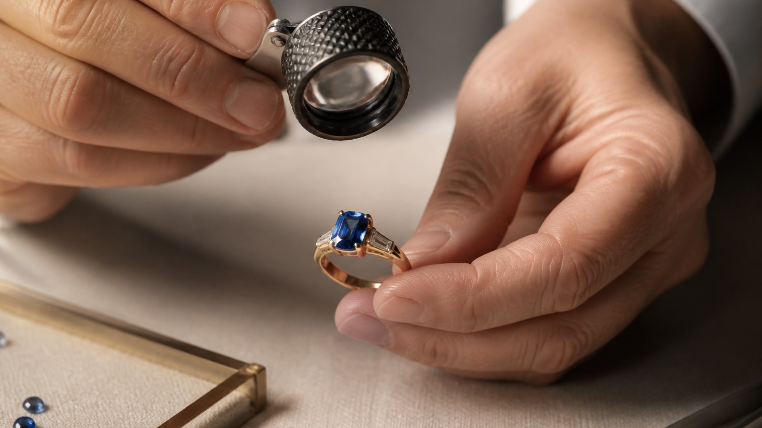 Loupe examinant une pierre précieuse sertie sur une bague en or