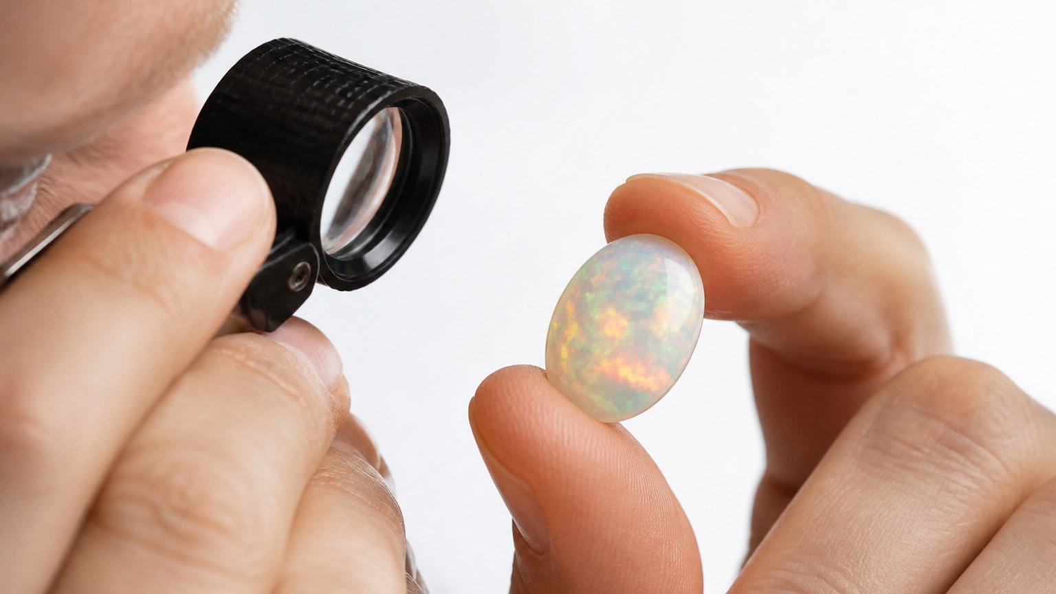 Main de bijoutier examinant une opale blanche au cabochon avec loupe