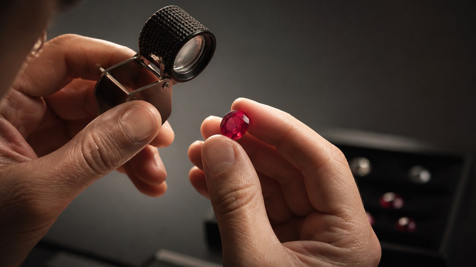 Main de bijoutier examinant un rubis avec une loupe