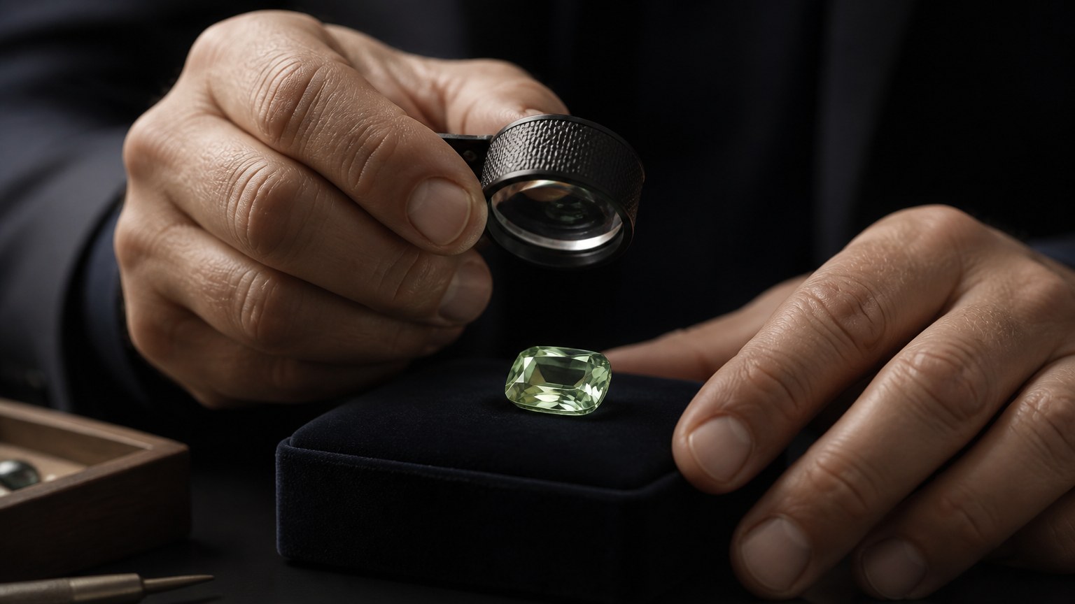 Loupe examinant un saphir vert clair dans les mains d’un bijoutier