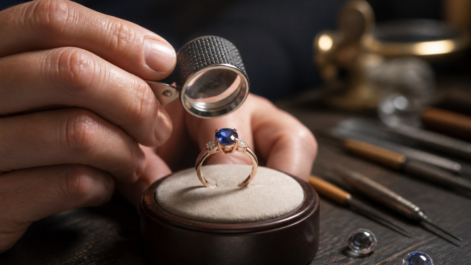 Loupe examinant une bague de fiançailles en or rose avec saphir bleu tenue par un bijoutier