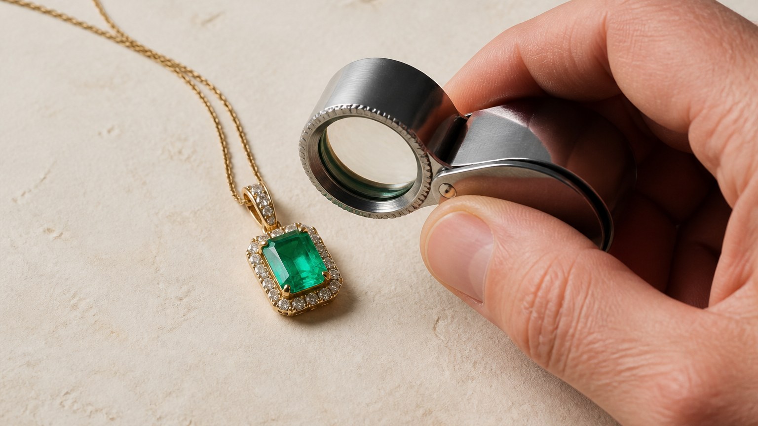 Main de bijoutier avec loupe et pendentif émeraude verte sur fond crème