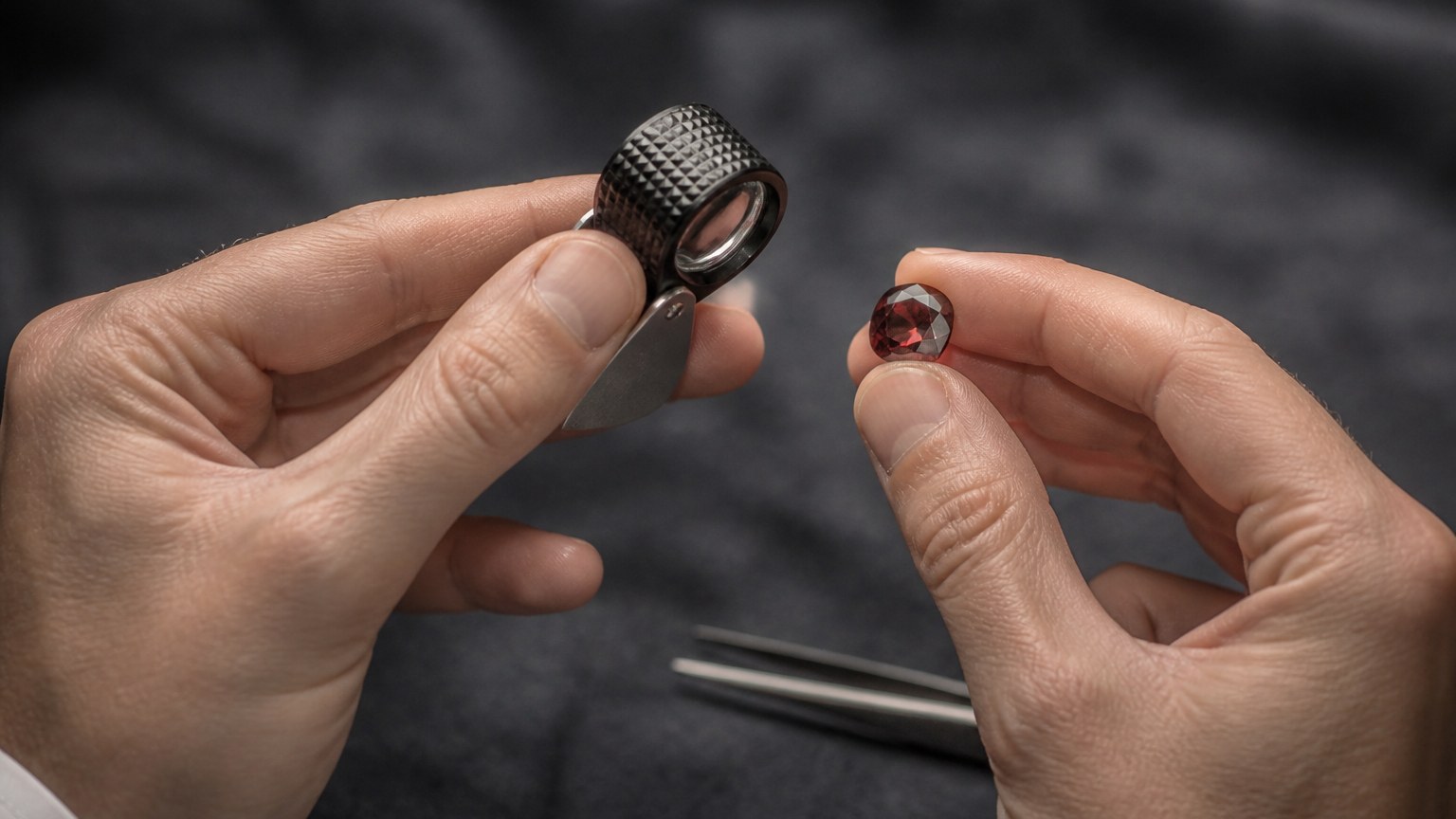 Examen d’un grenat almandin avec une loupe en lumière studio