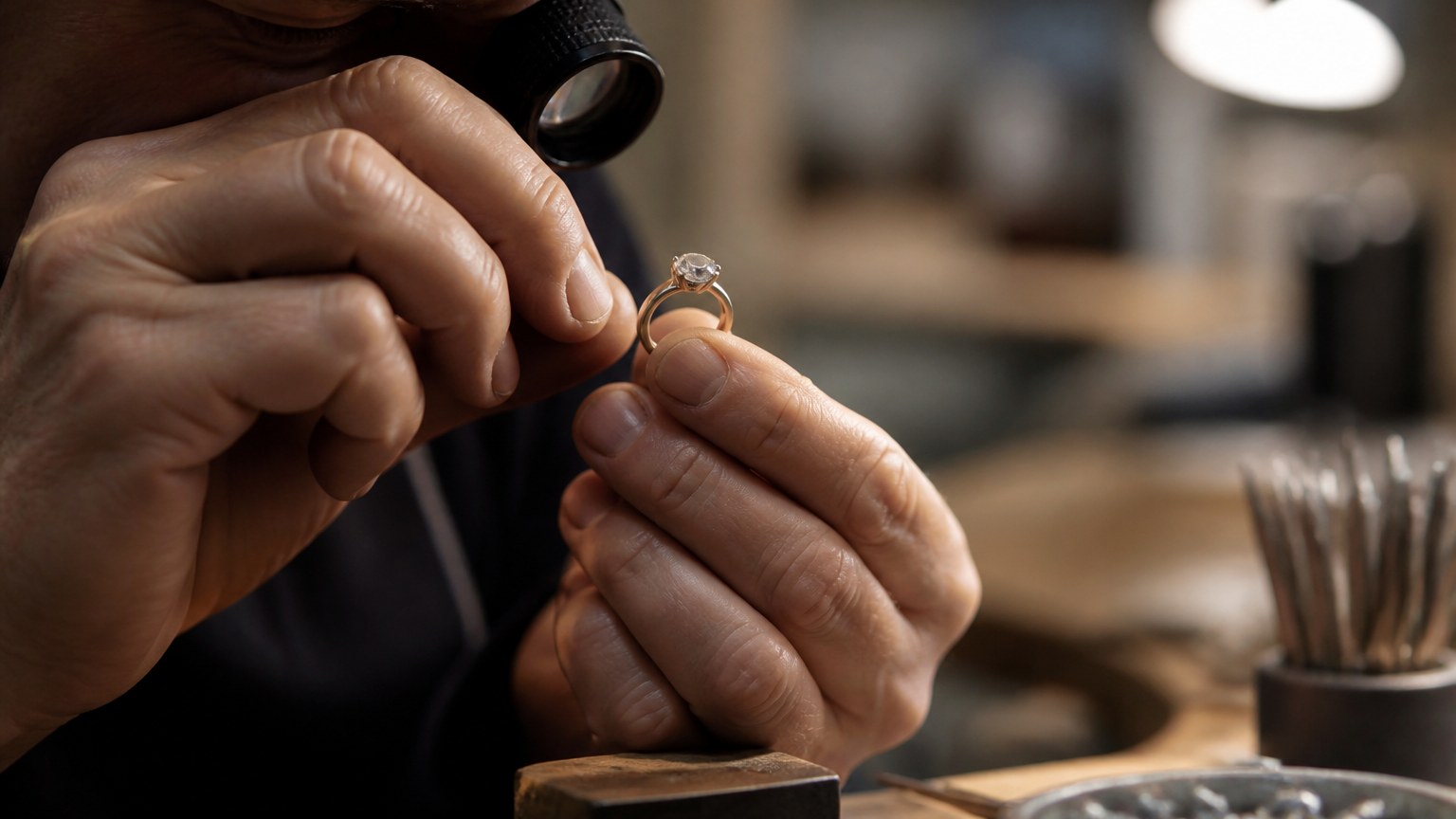 Bijoutier examinant une pierre fine montée en bague à la loupe