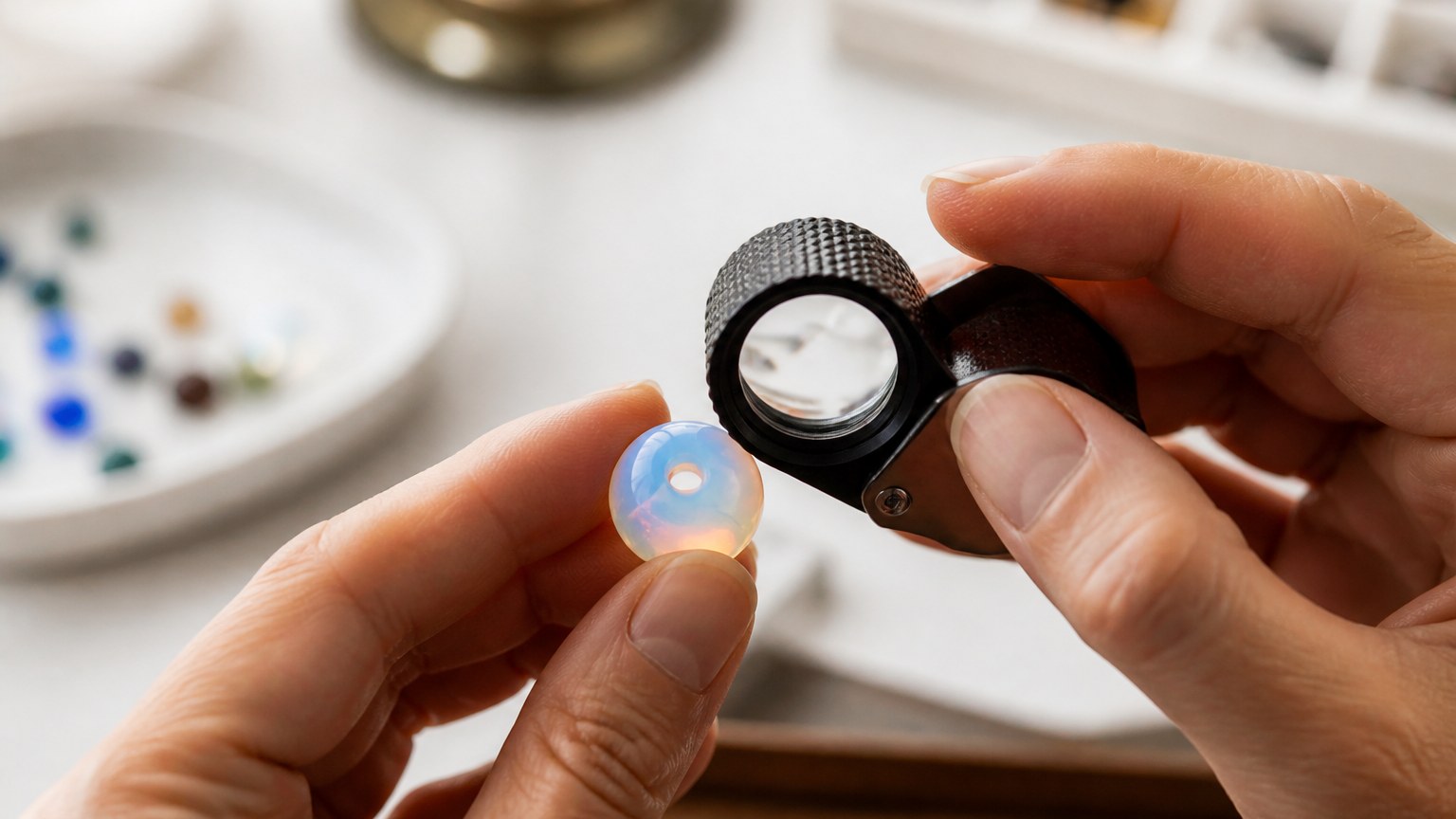 Main de bijoutier tenant une perle d'opaline sous une loupe