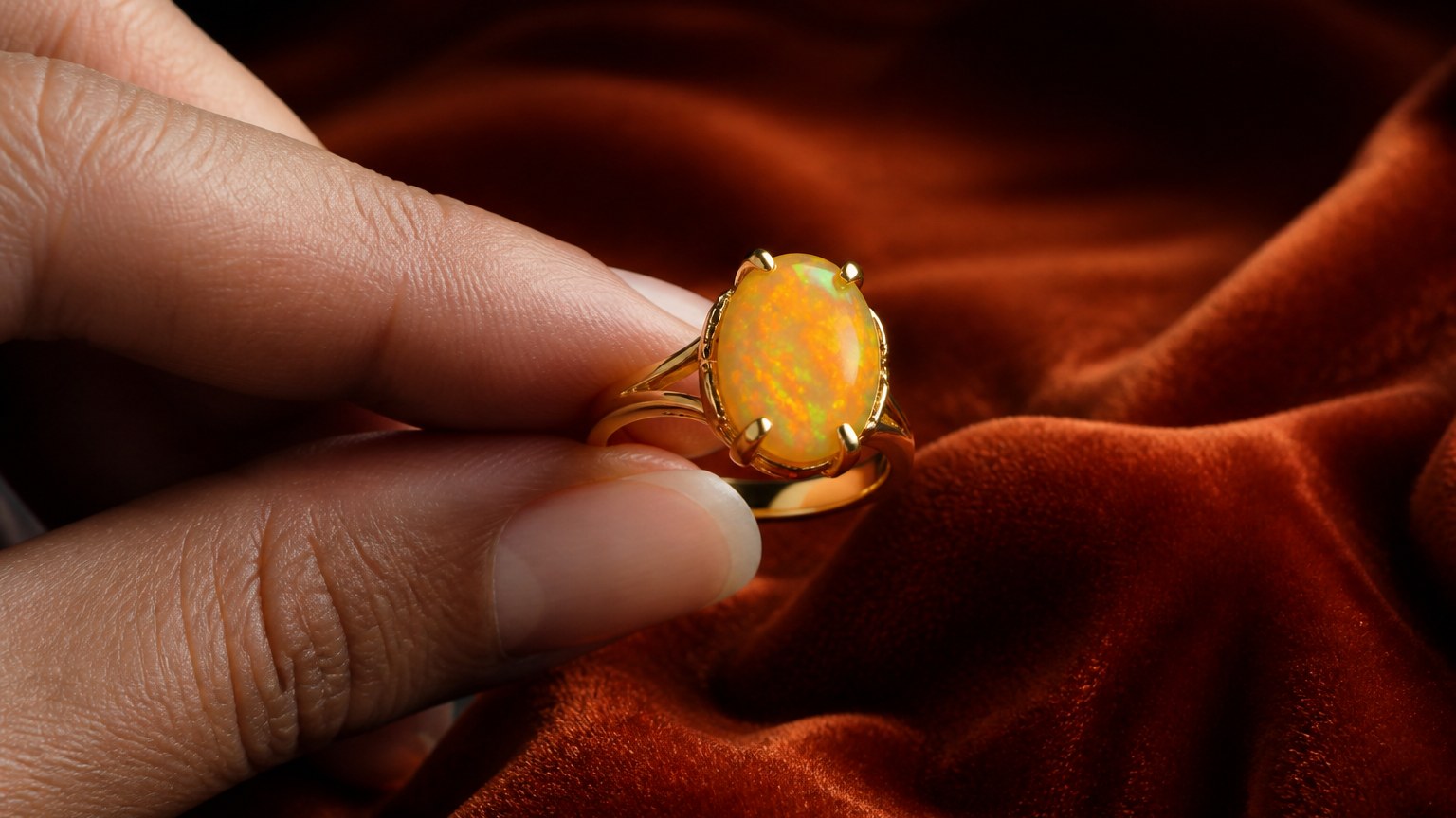 Main de bijoutier tenant une bague en or jaune sertie d'une opale de feu vibrante sur fond en velours texturé