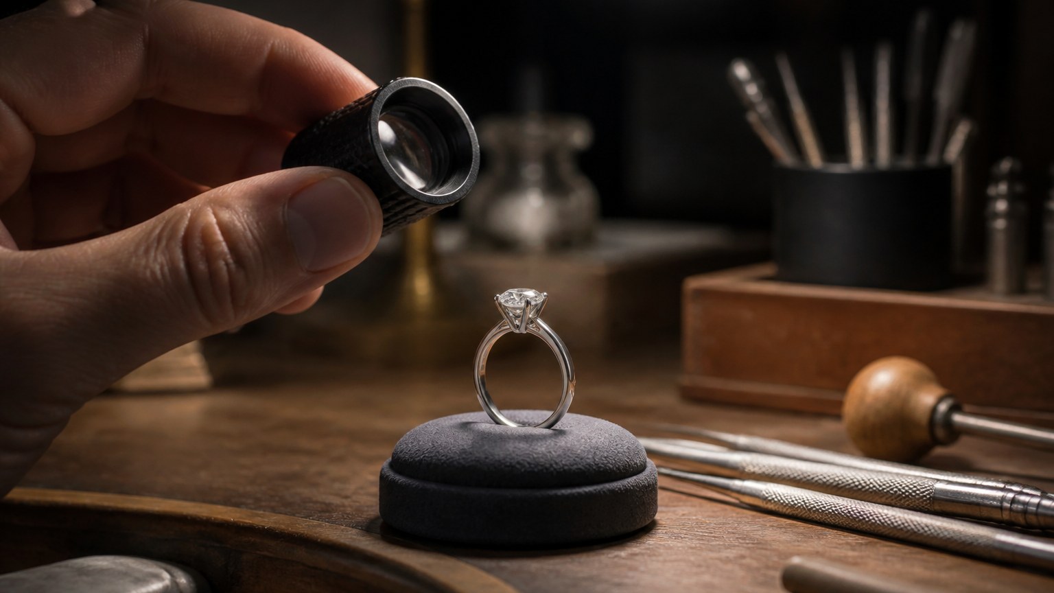 Examen d'une bague en or blanc 18 carats avec une loupe dans un atelier de bijoutier