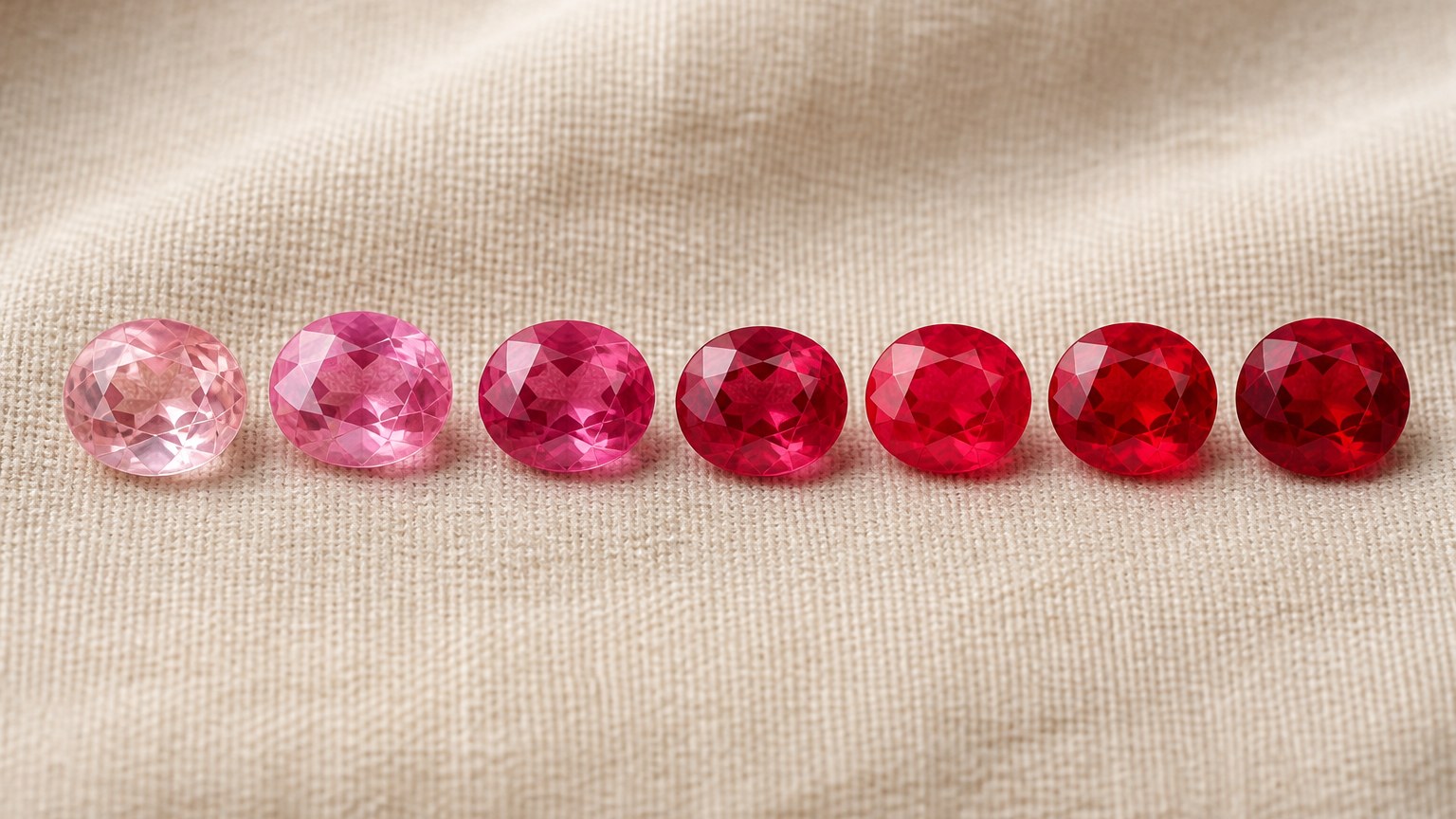 Plusieurs rubis alignés montrant leur diversité de couleurs du rose clair au rouge intense sur lin naturel