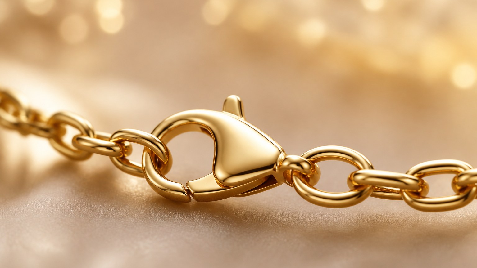 Détail du fermoir mousqueton doré d'une chaîne en or 18 carats