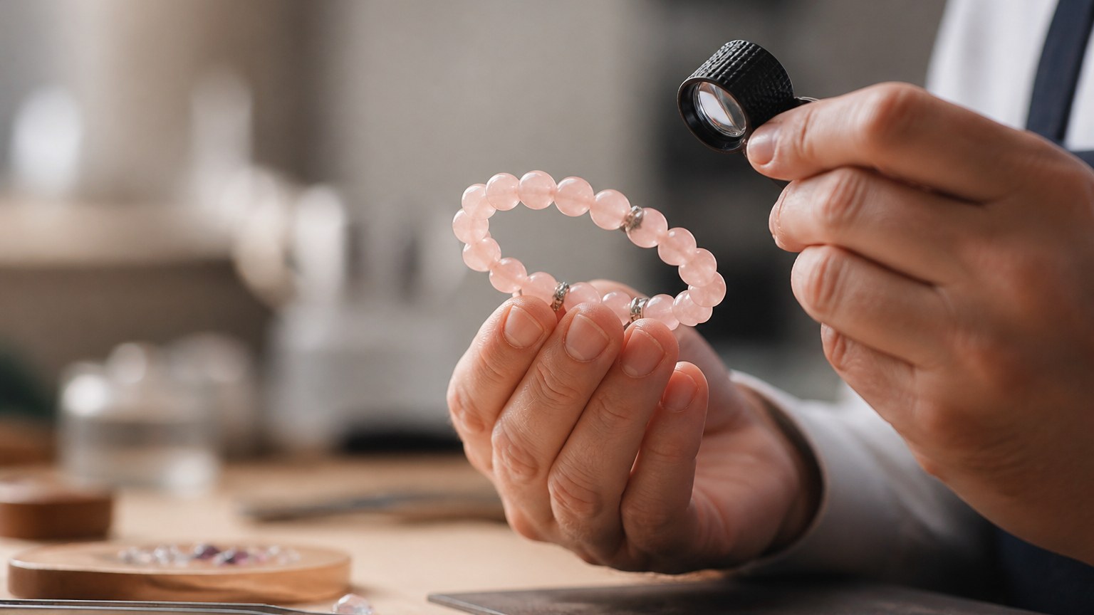 Main de bijoutier examinant un bracelet en quartz rose avec une loupe