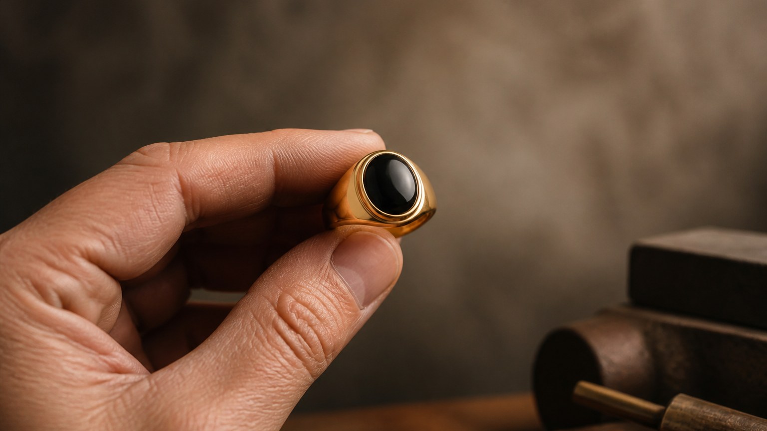 Bijoutier examinant une chevalière homme or 18 carats avec pierre cabochon