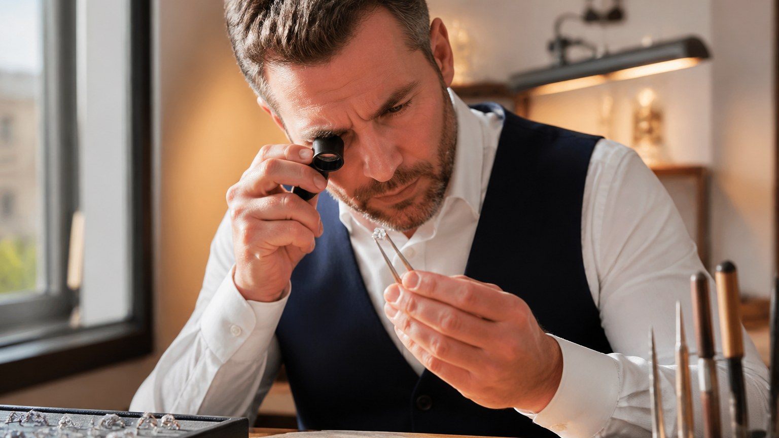 Inspection gemmologique d'un diamant par un bijoutier avec une loupe