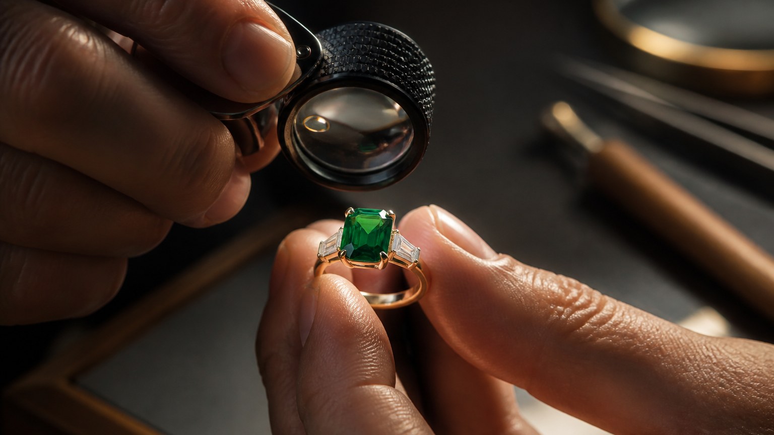 Loupe examinant une émeraude sertie dans une bague en or