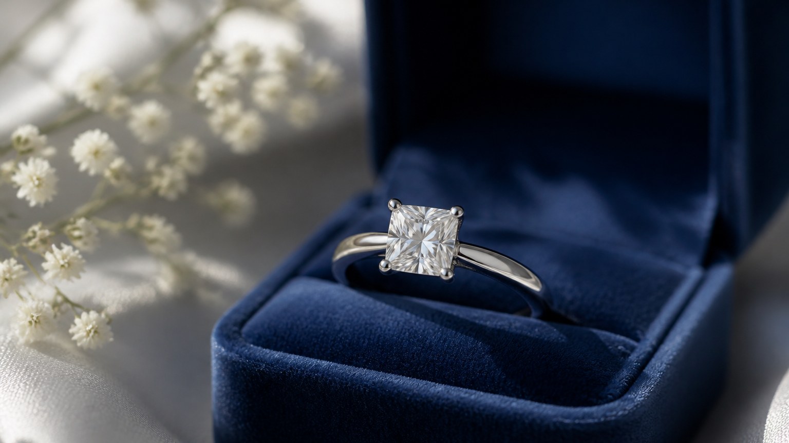 Bague solitaire avec pierre taille princesse sur écrin en velours bleu