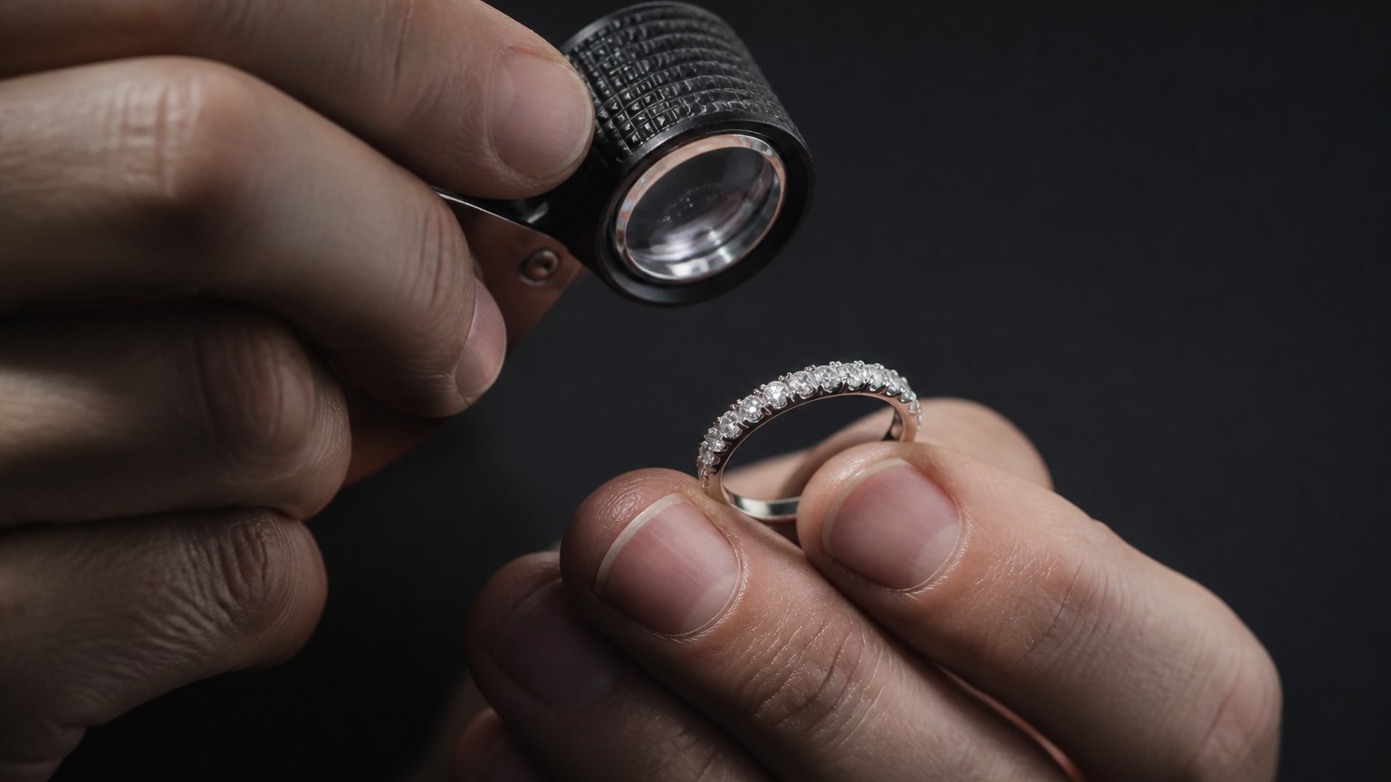 Bijoutier inspectant une demie alliance diamant avec une loupe