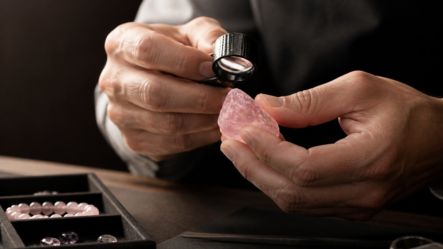 Mains de bijoutier utilisant une loupe pour examiner un quartz rose