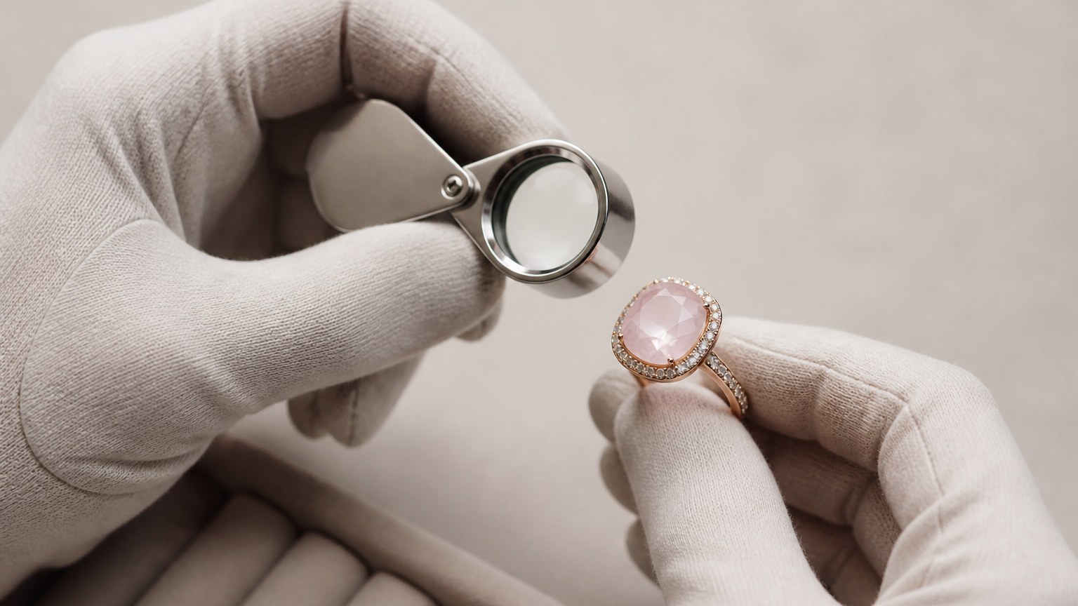 Main de bijoutier avec loupe examinant un bijou en quartz rose