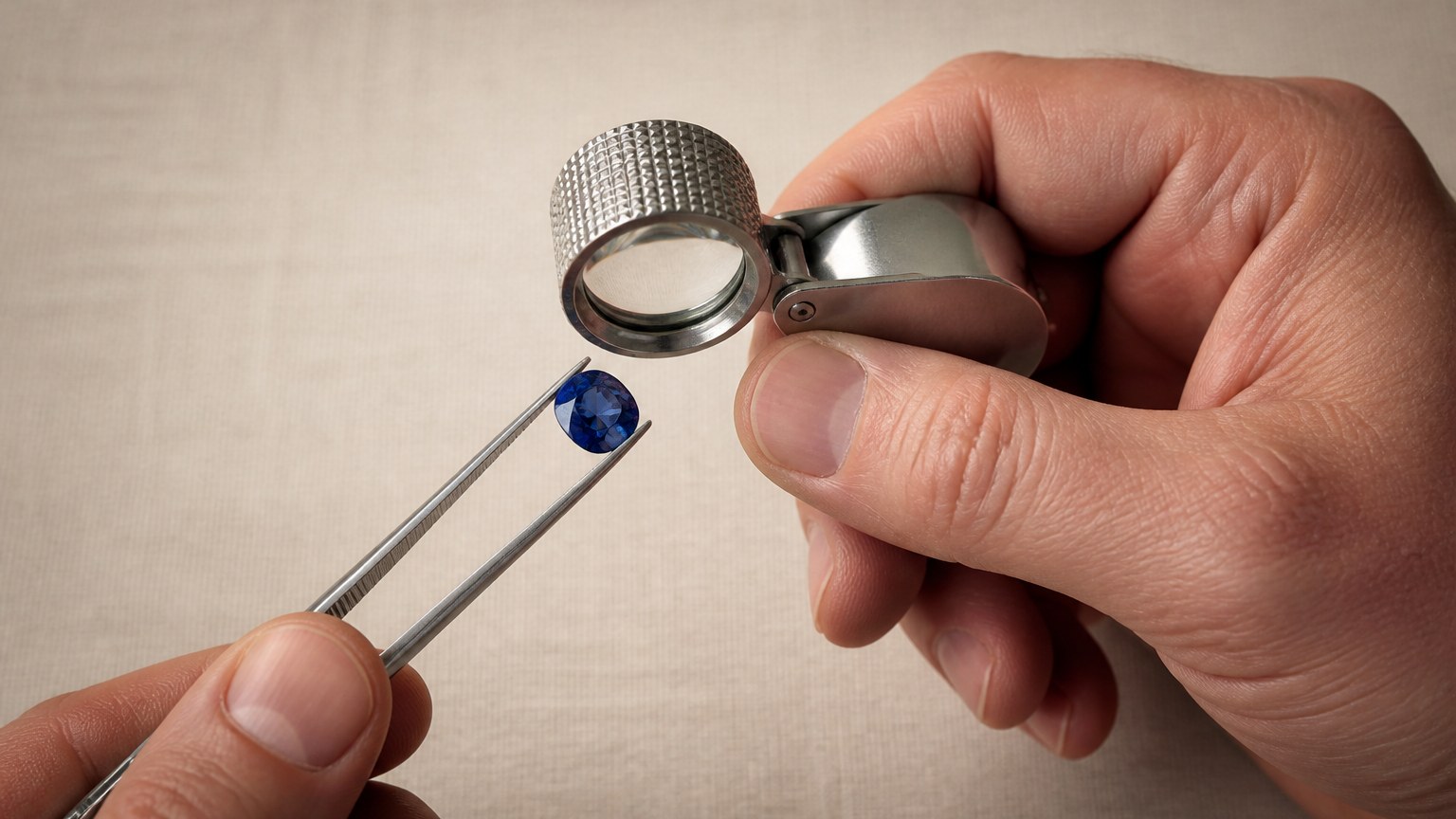 Loupe gemmologique utilisée pour inspecter un saphir bleu