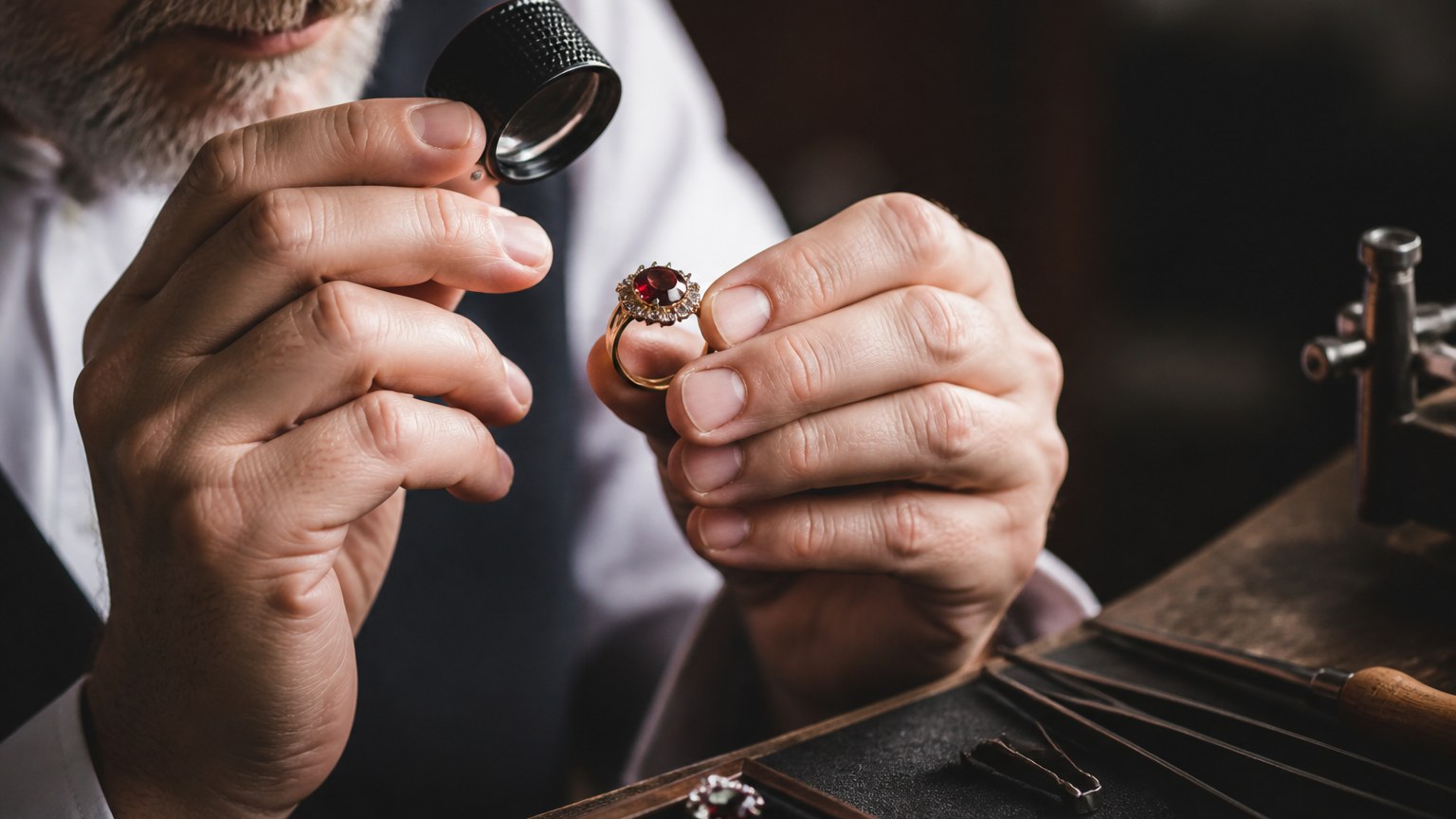Main de bijoutier tenant une loupe et examinant une bague ornée d'un grenat