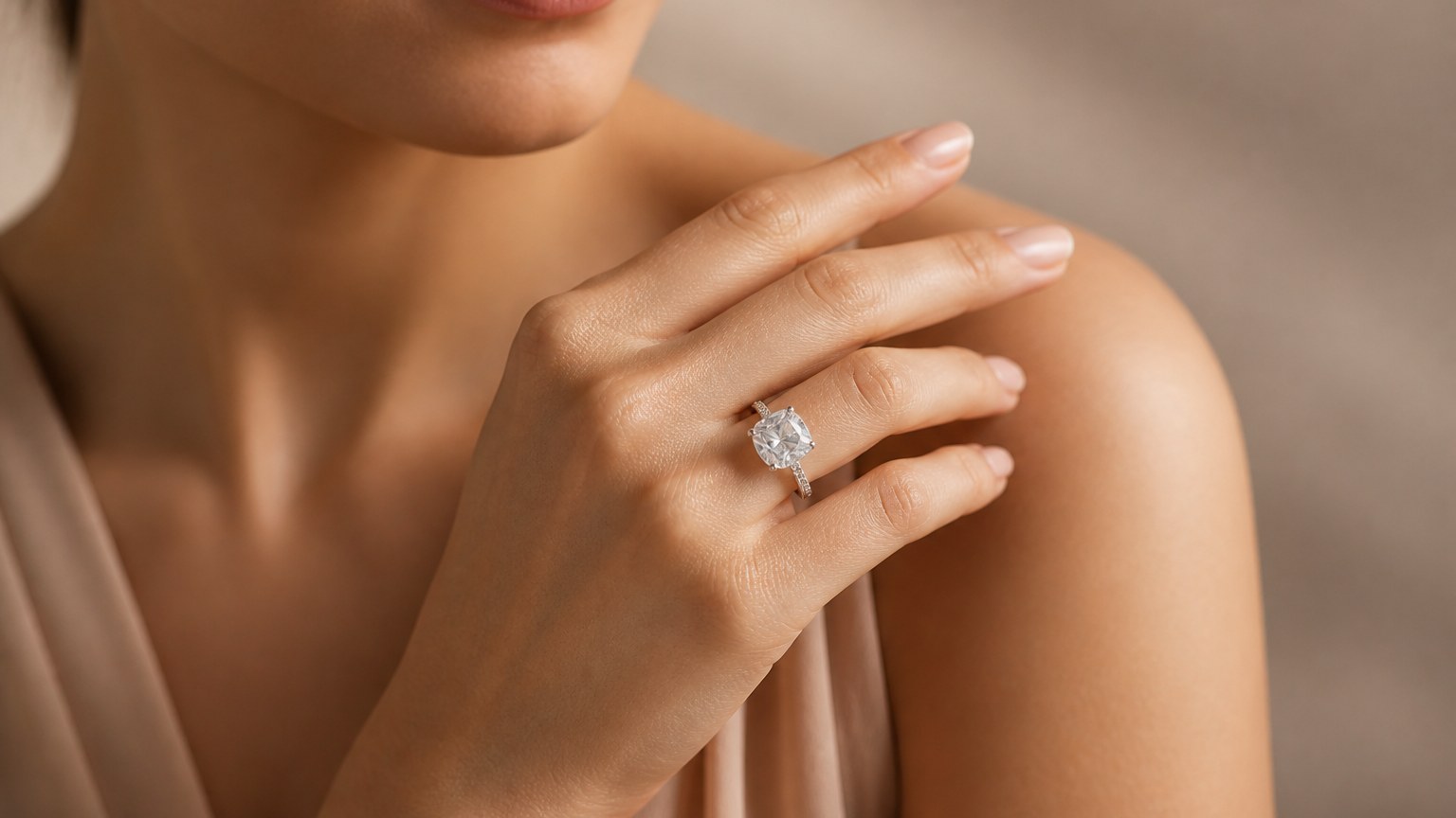 Main avec bague de fiançailles Swarovski et cristal étincelant