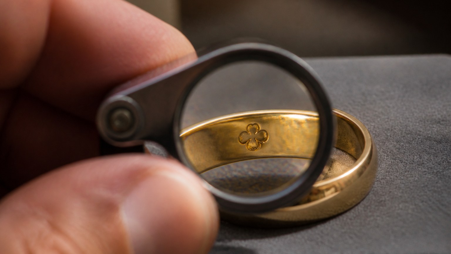 Poinçon or 375 sur bague au travers d'une loupe