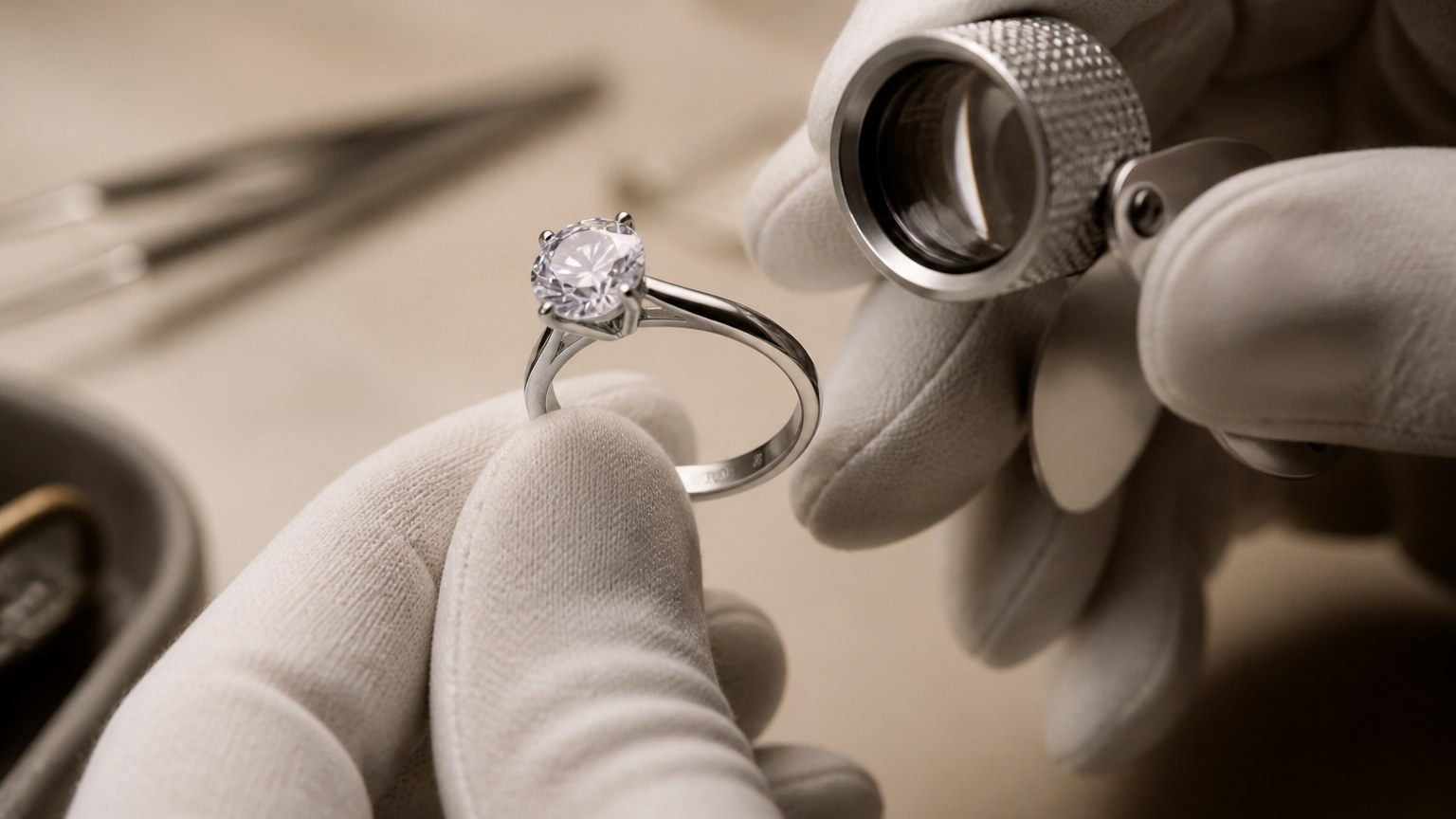 Bijoutier examinant une bague en or blanc avec diamant et poinçon