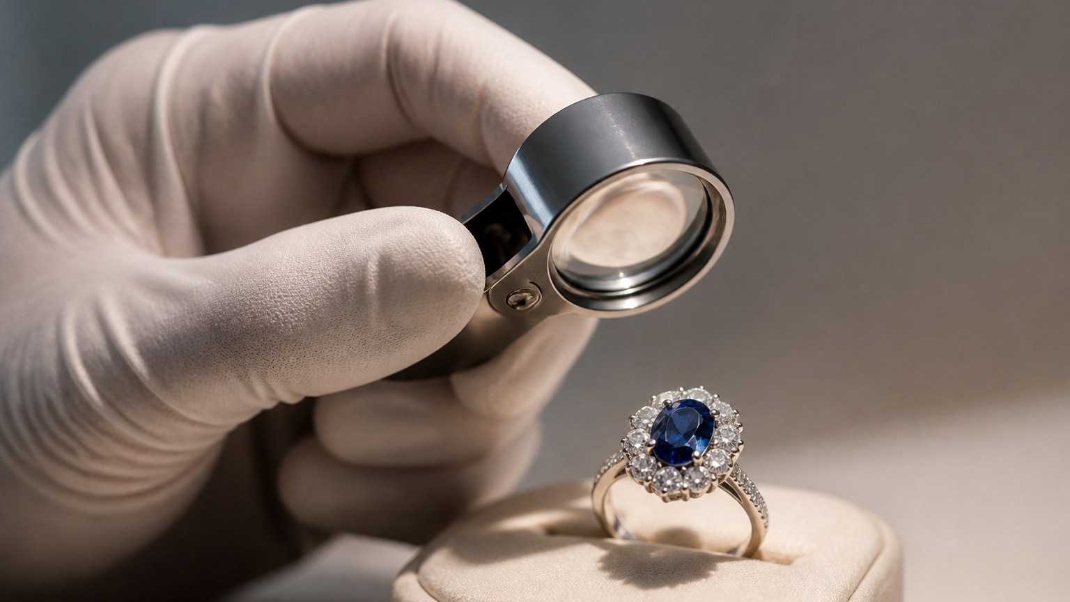 Examen gemmologique d'une bague de fiançailles avec saphir et diamants