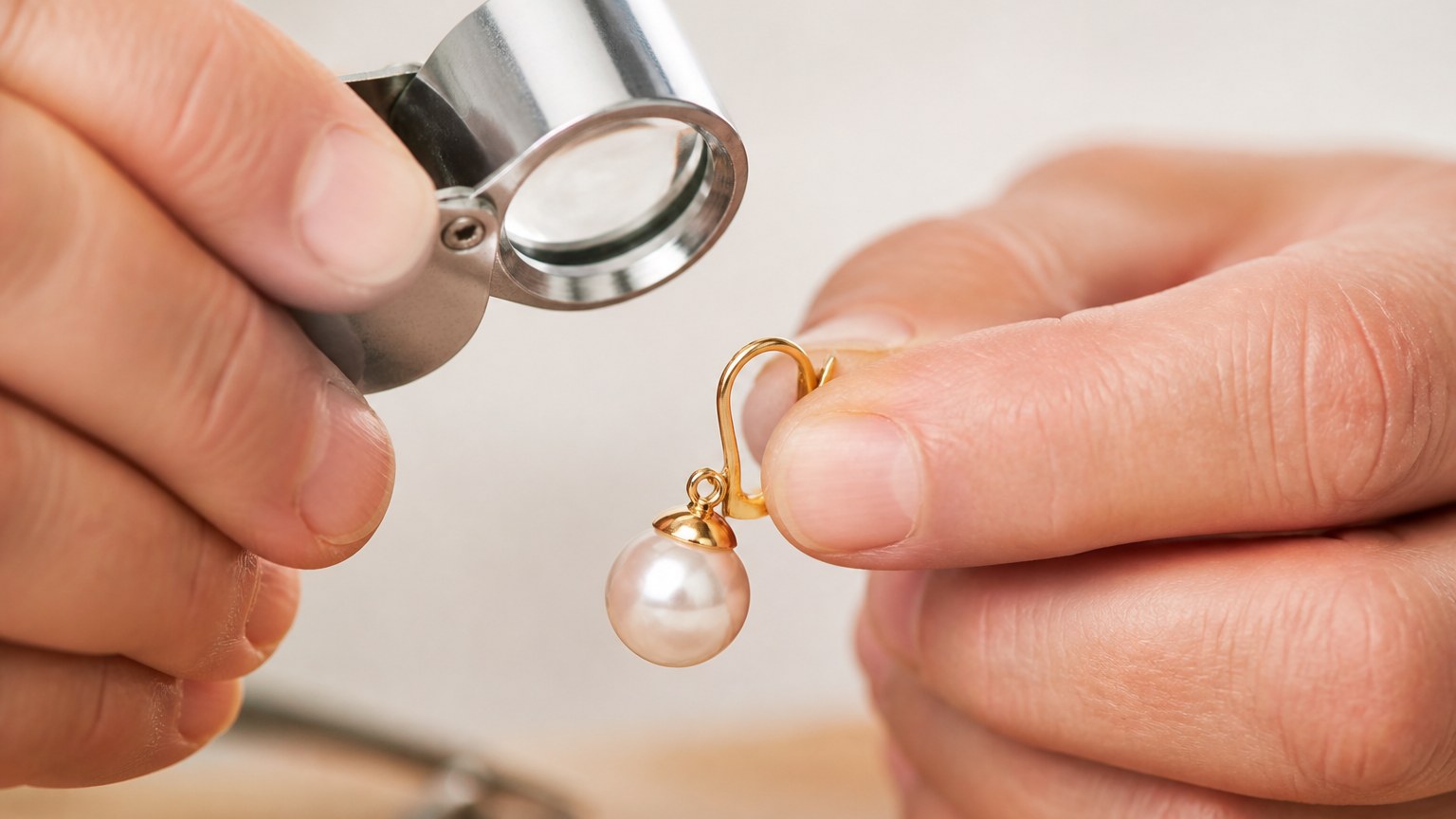 Inspection gemmologique d'une boucle d'oreille perle de culture avec loupe par un bijoutier