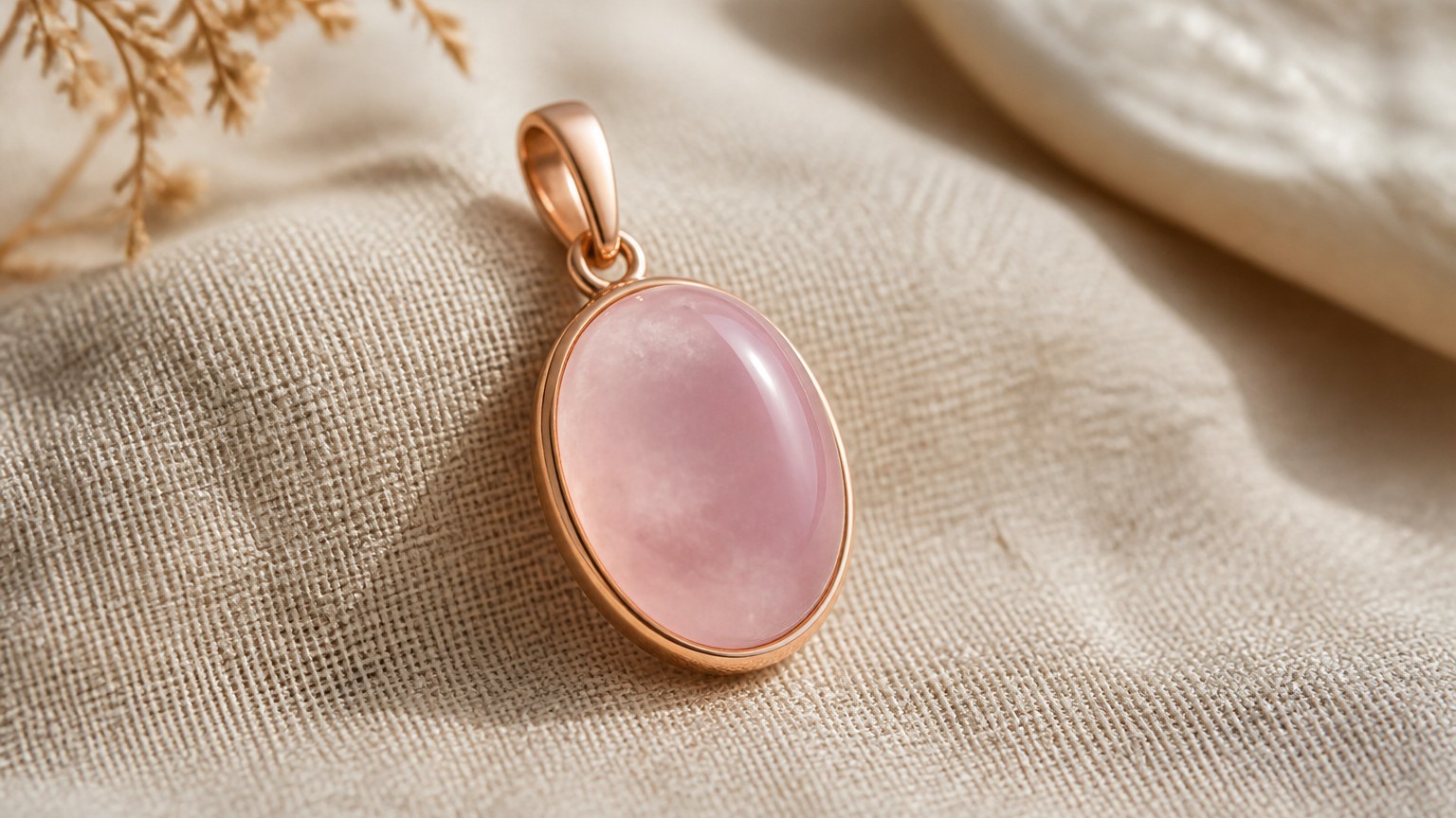 Bague en or rose avec quartz rose en cabochon sur lin