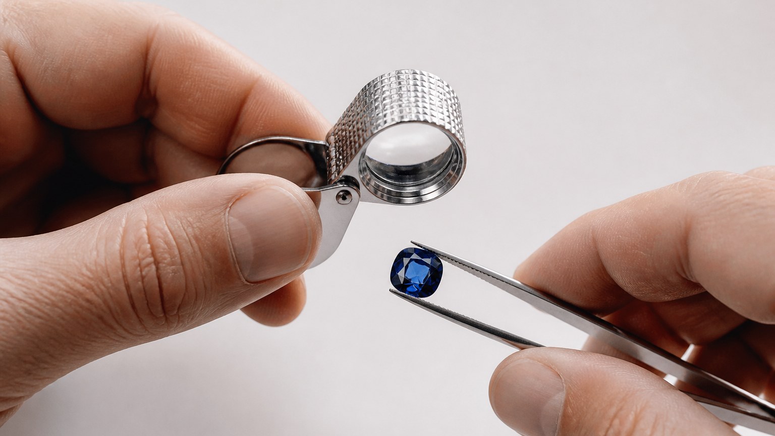 Bijoutier examinant un saphir avec une loupe