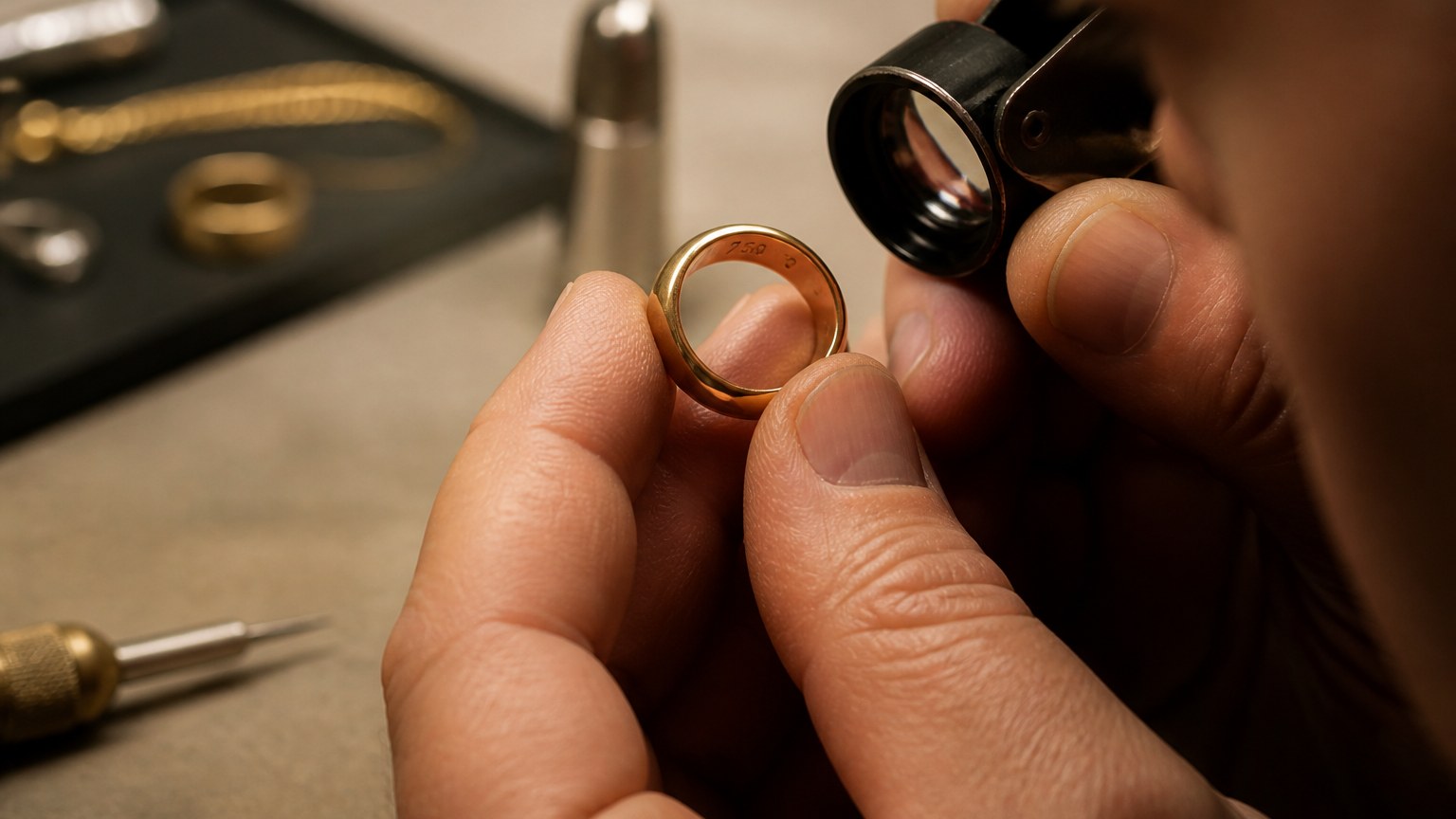 Loupe examinant le poinçon 750 sur bague or 18 carats