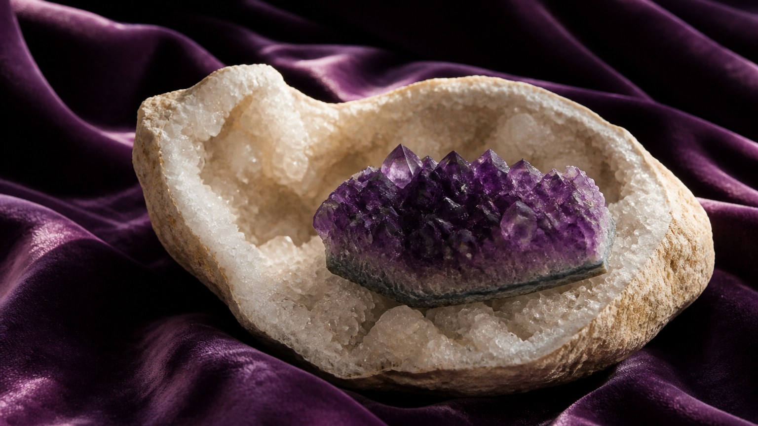 Améthyste posée sur une géode de cristal de roche sur tissu velours violet
