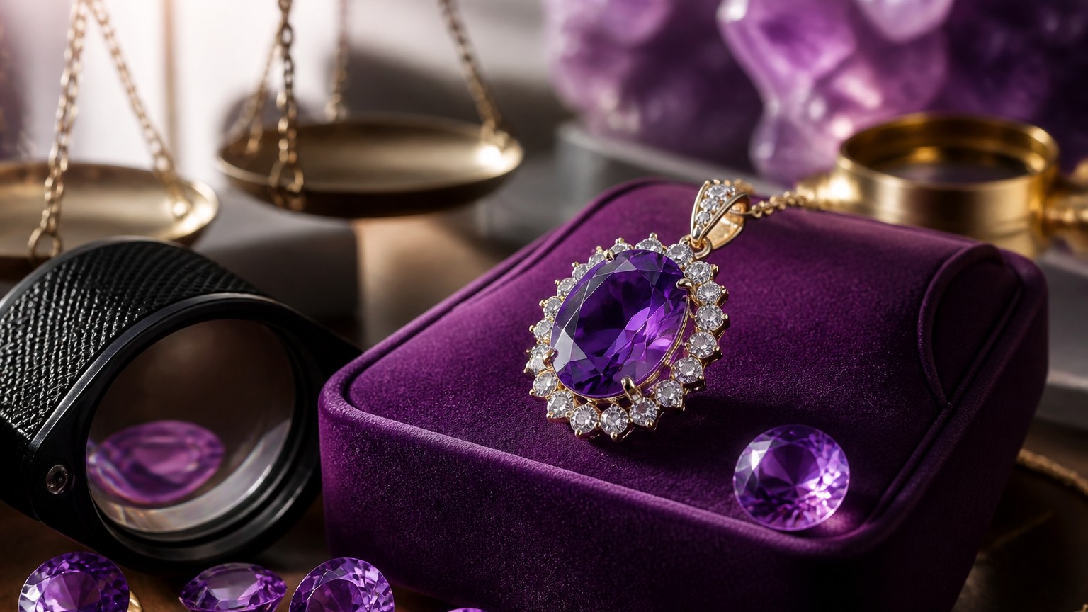 Bijou améthyste sur écrin velours avec loupe et balance gemmologique