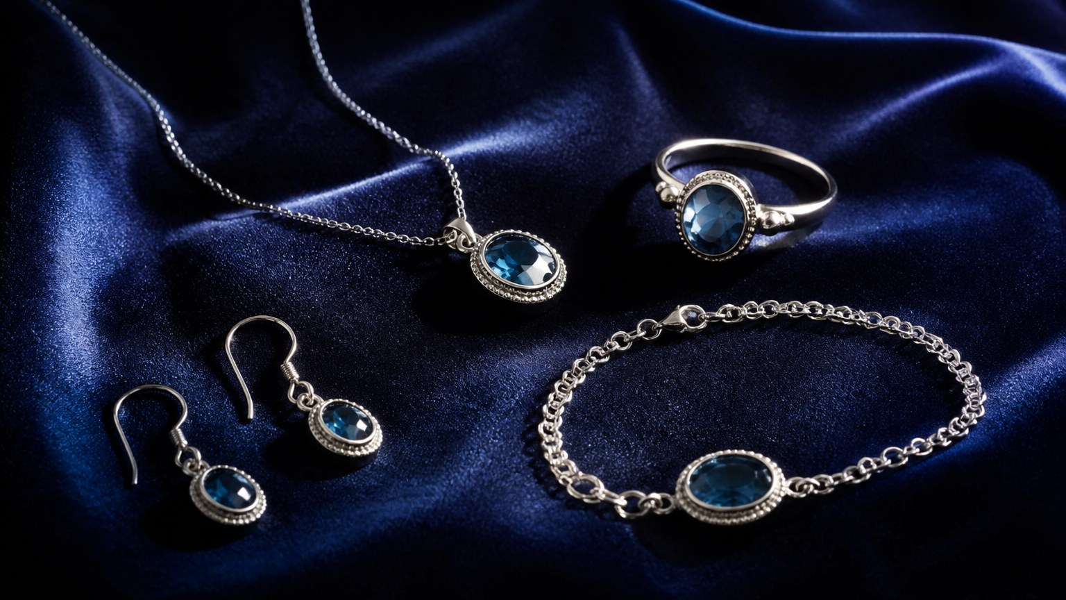 Collection de bijoux en argent 925 sur velours bleu nuit