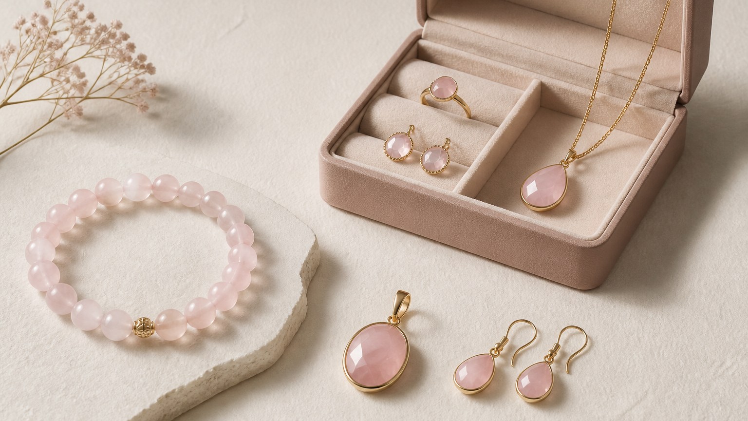Collection de bijoux en quartz rose dans un écrin sur fond papier texturé blanc cassé