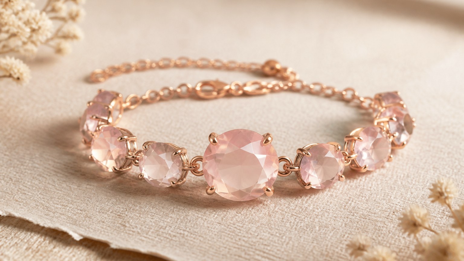 Bracelet en or rose avec quartz rose facetté sur papier lin beige