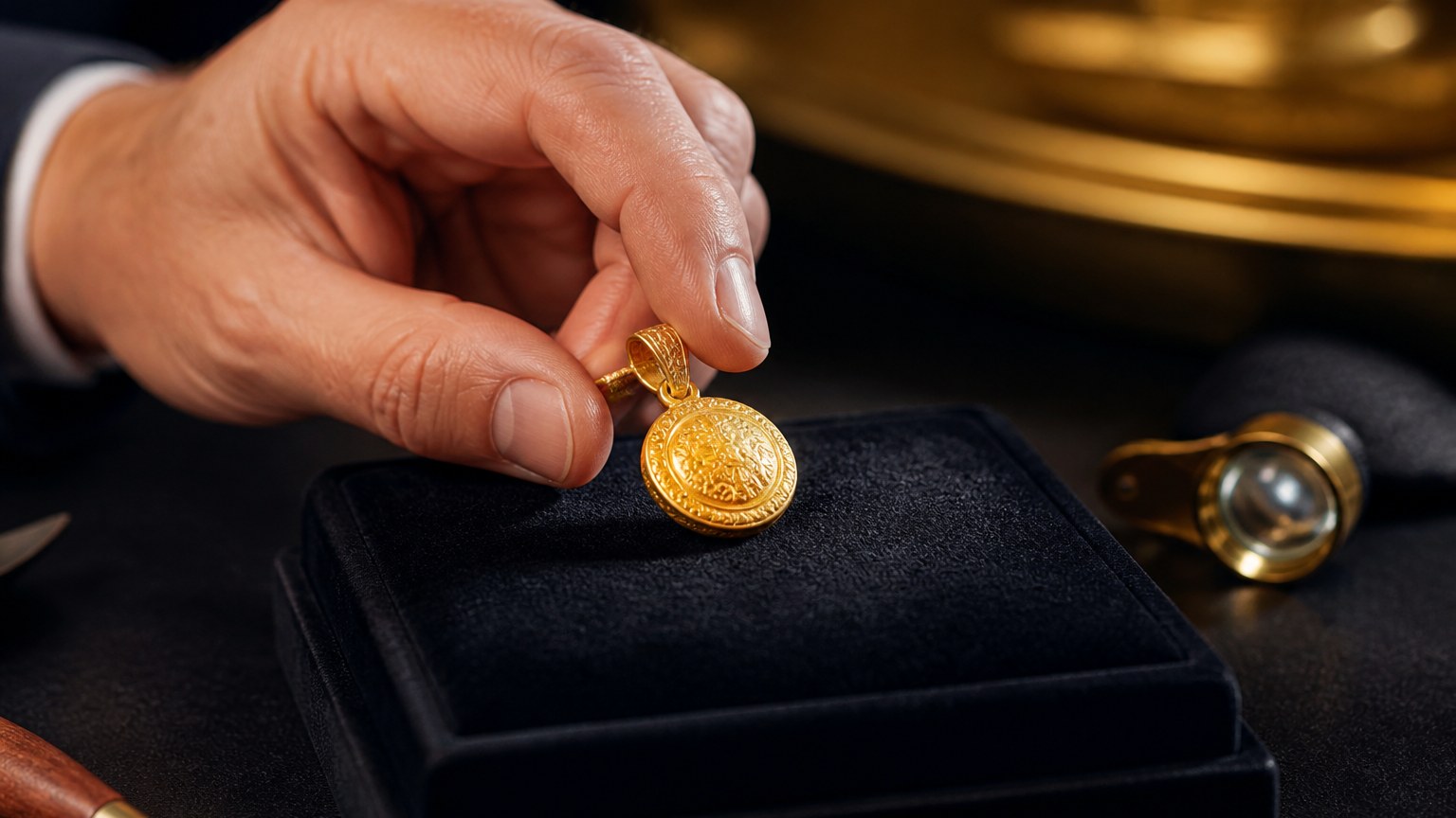 Main de bijoutier tenant un pendentif en or 24 carats posé sur un écrin en velours