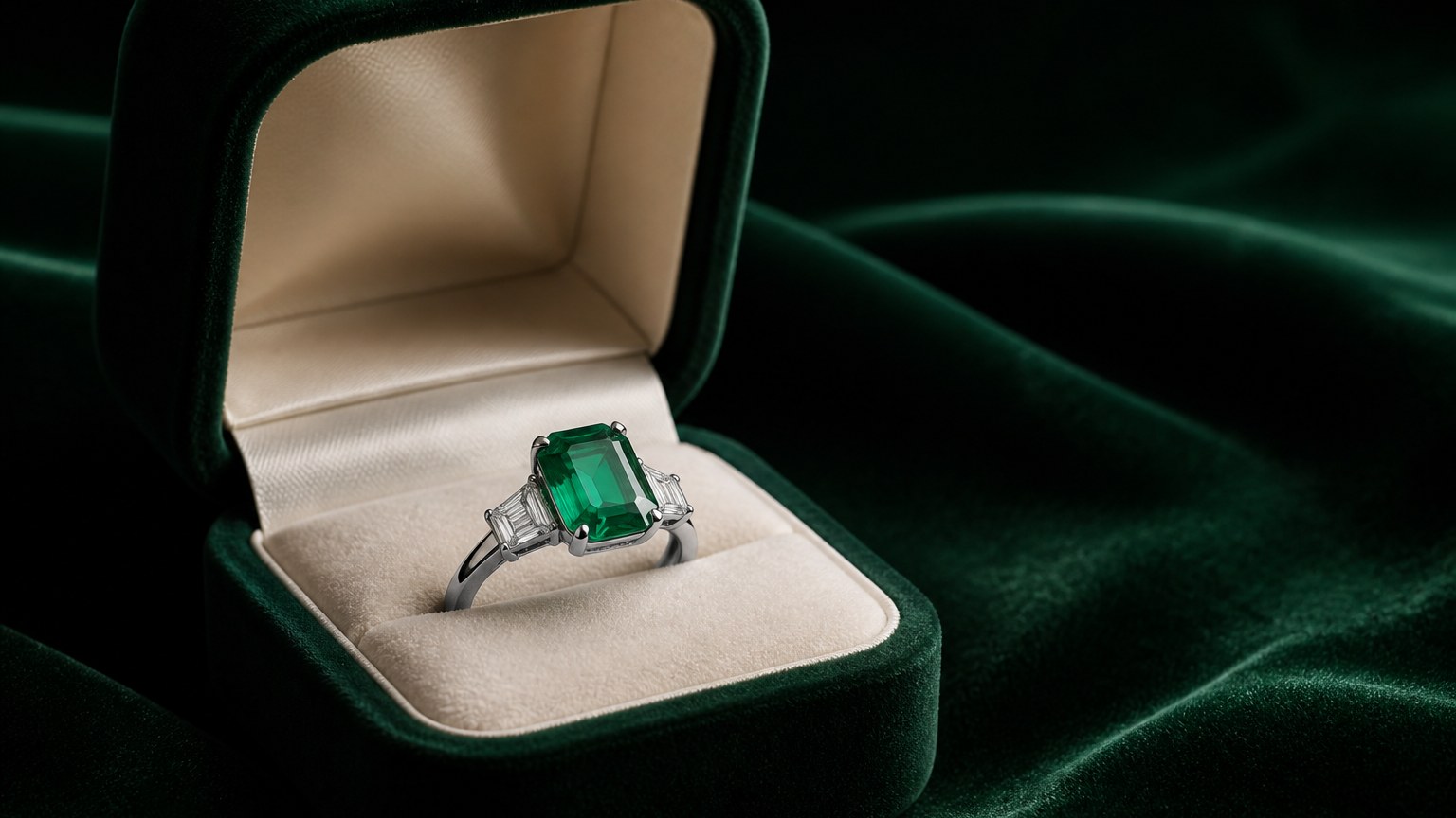 Écrin ouvert avec une bague en platine et émeraude centrale sur fond velours vert